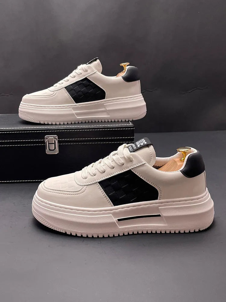 White casual sports shoes with green accents, cloth upper and rubber foam sole, optional 1.2cm height increase