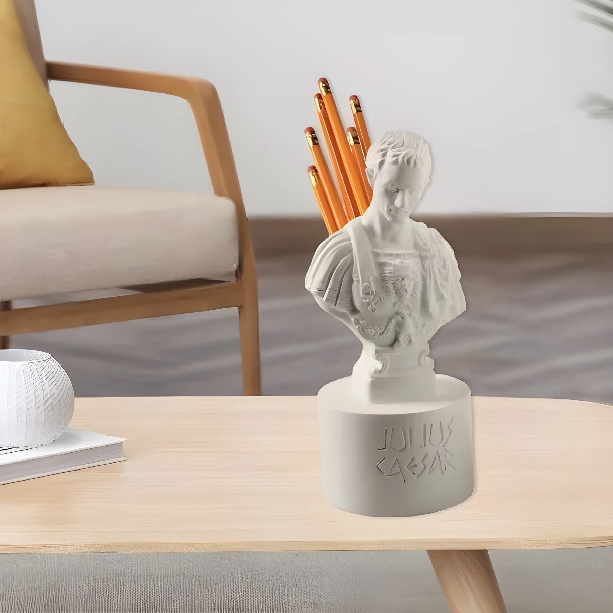 White American creative character modelling synthetic resin pen holder on a desk.