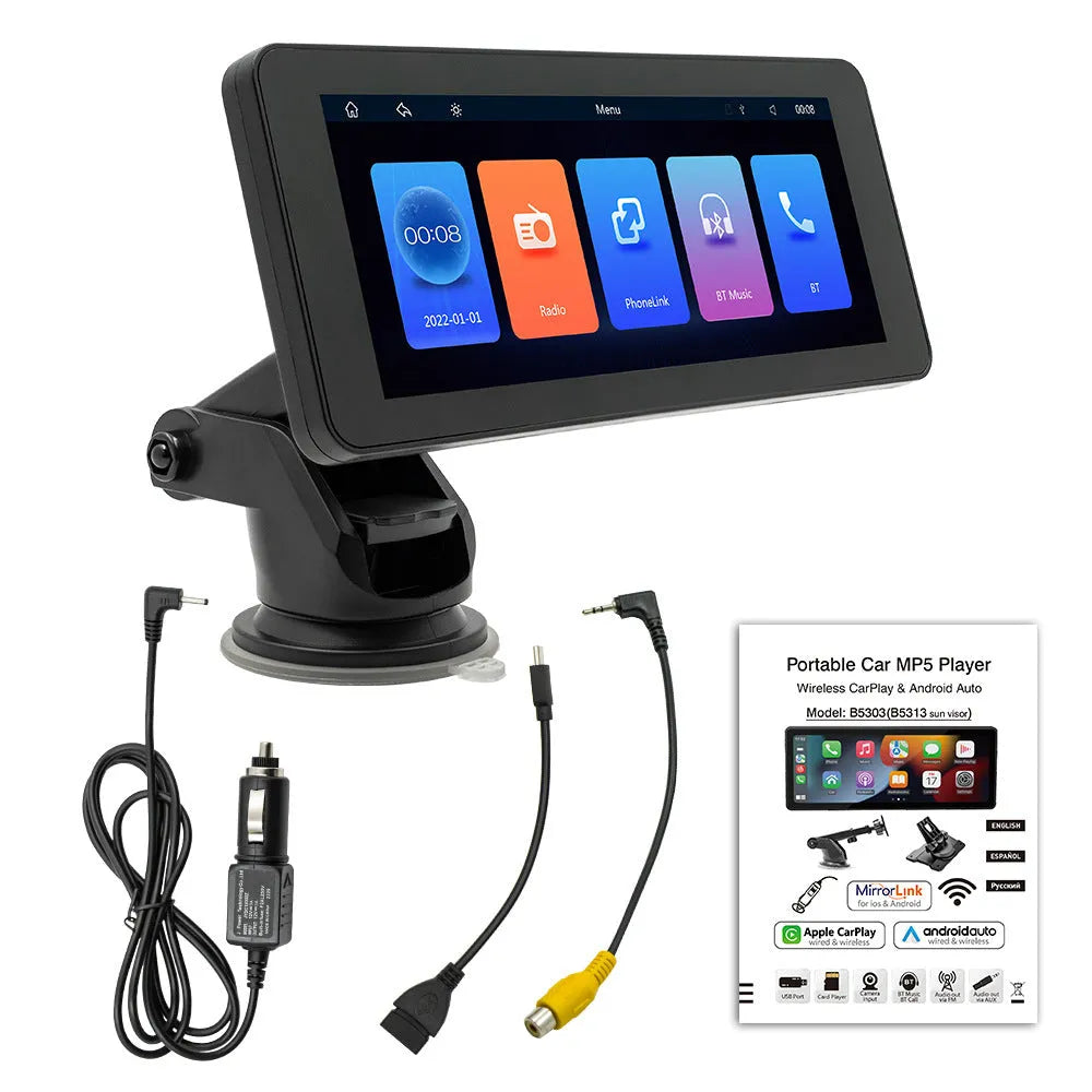 Portable wireless car video player with 6.86-inch IPS screen showing clear display