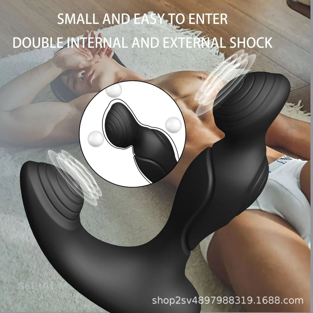 Black wireless remote control prostate massager made from silicone and ABS plastic with separate remote control unit