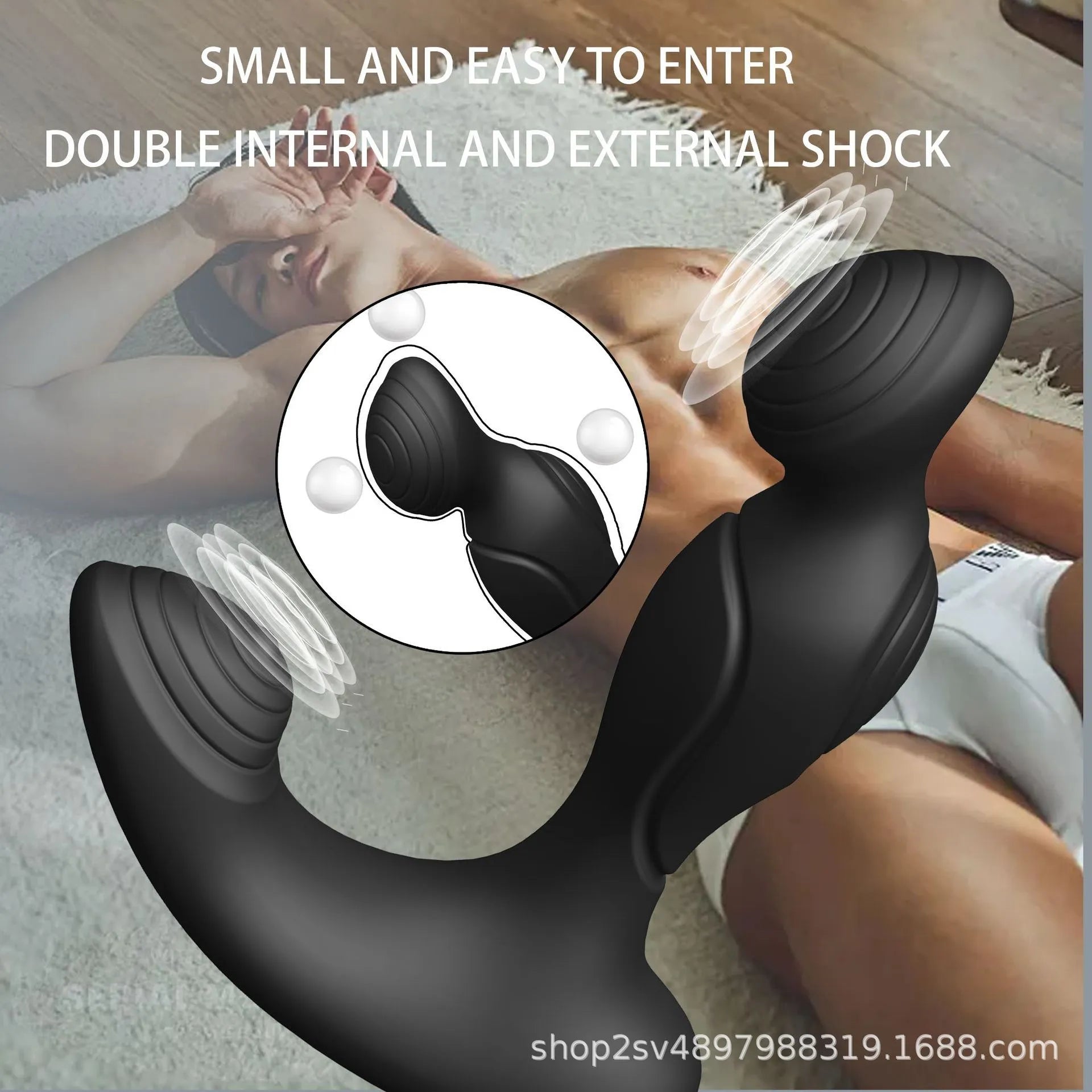 Black wireless remote control prostate massager made from silicone and ABS plastic with separate remote control unit