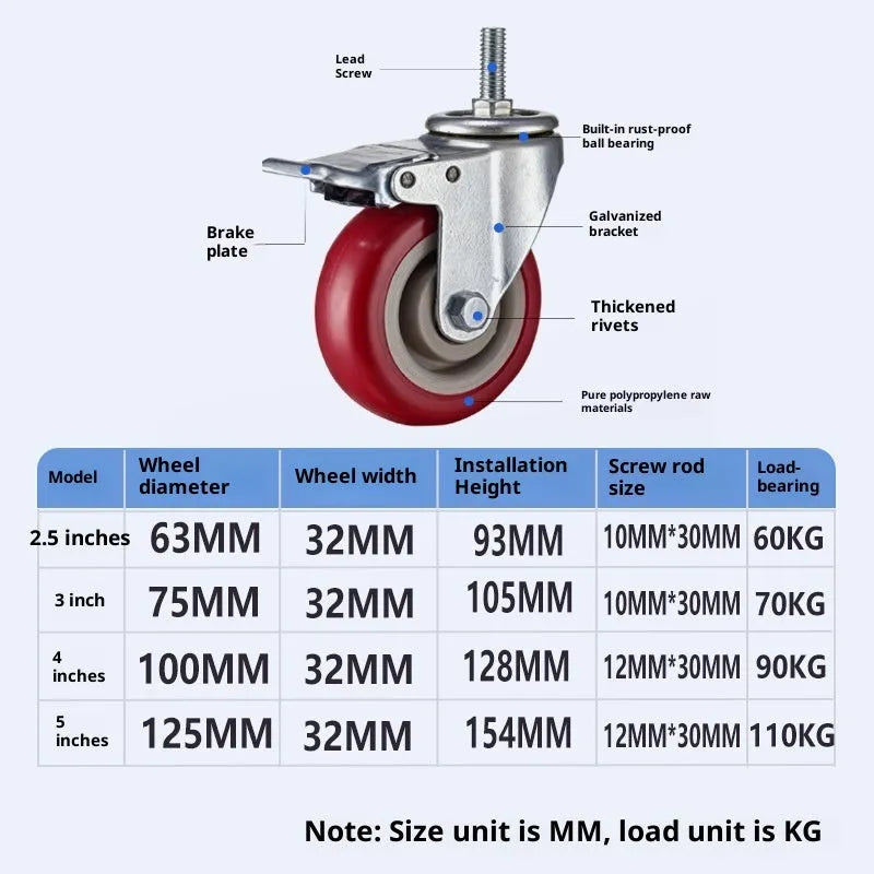 Medium purplish red 3 inch wear resistant seamless caster with brake for office furniture