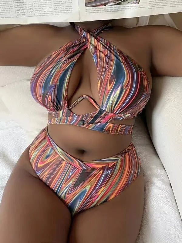 Women's plus size floral high waist bikini swimsuit in picture colour.