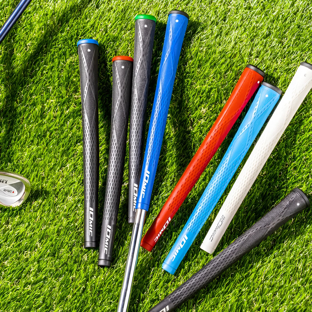 TPE non-slip golf club grip shown in various colour options including pink, blue, and black with coloured heads.