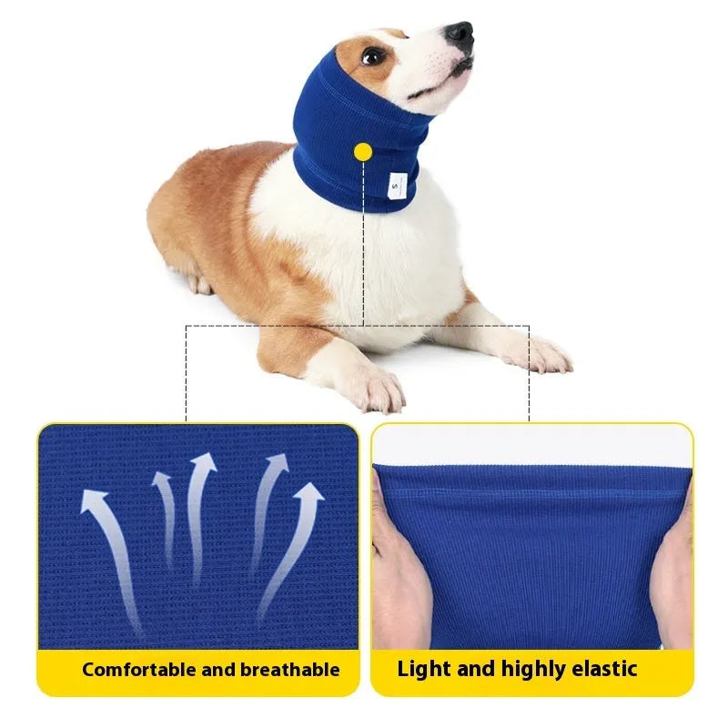 Blue and grey polyester dog comforter headband scarf showing casual bandana style with S M L size options