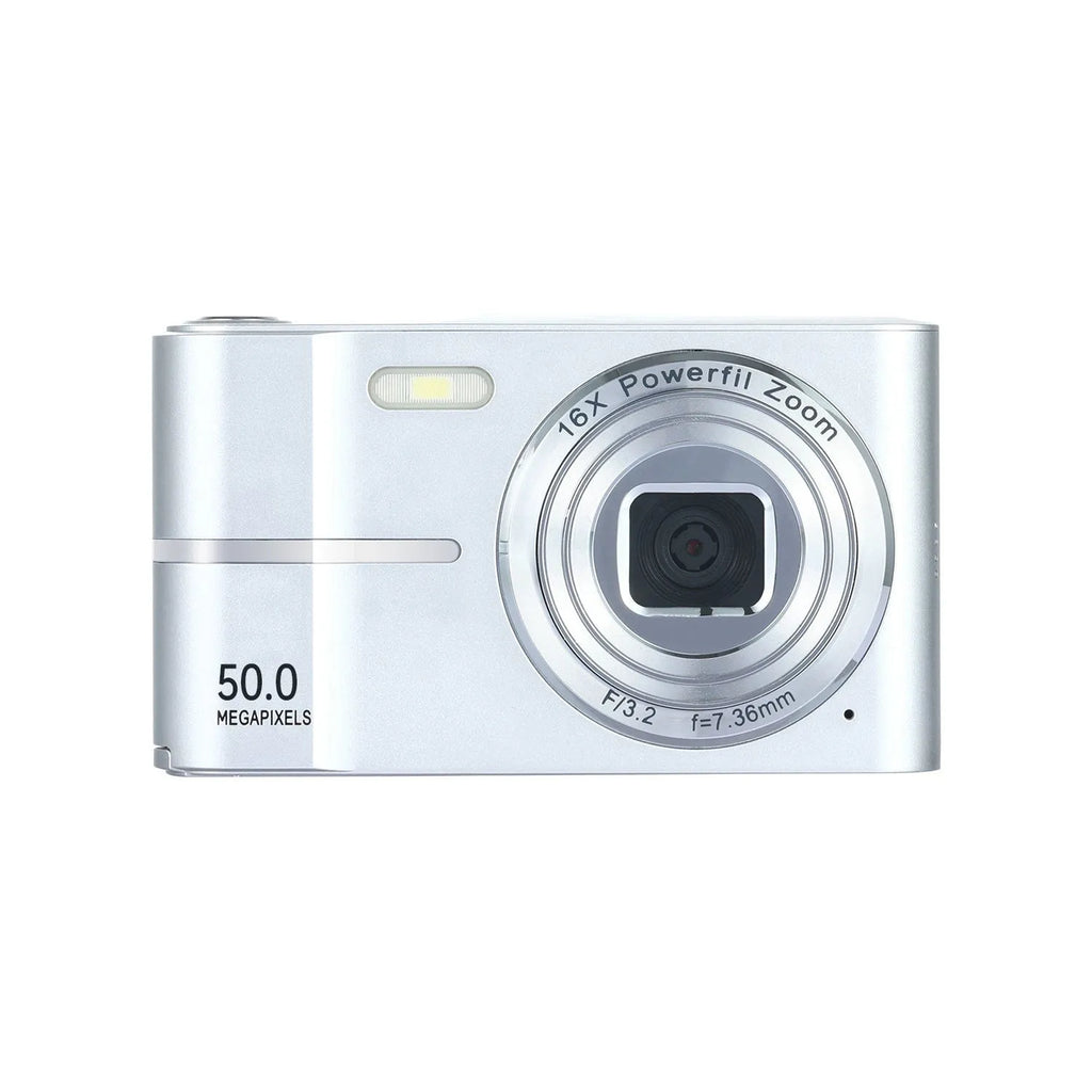 Student mini digital camera in black, green, pink, or white showing compact 90mm design with manual controls