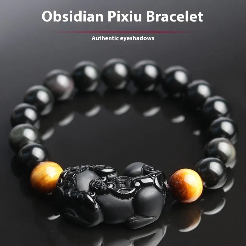 Black obsidian bracelet with gold sheen finish and Pixiu charm in four size options