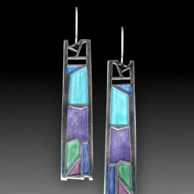 Silver water drop shaped alloy earrings with irregular oil colour electroplated finish