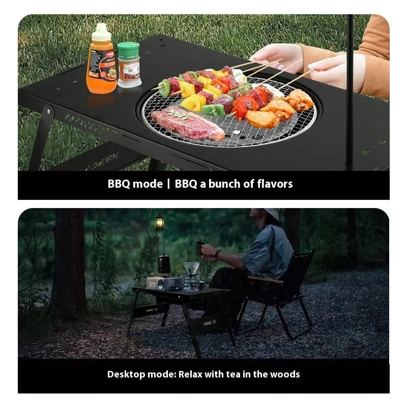 Folding outdoor cooking table with steel construction and grill set for camping