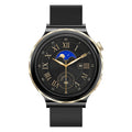 HW52 smart watch with zinc alloy round dial, IPS touch screen, shown in Black Gold, Platinum or White