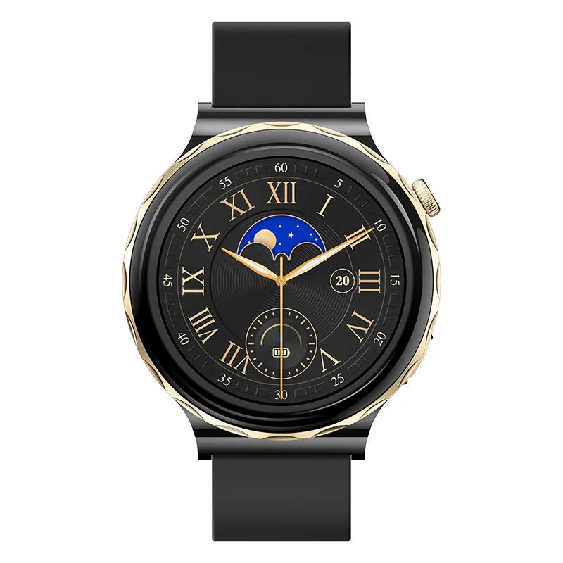 HW52 smart watch with zinc alloy round dial, IPS touch screen, shown in Black Gold, Platinum or White