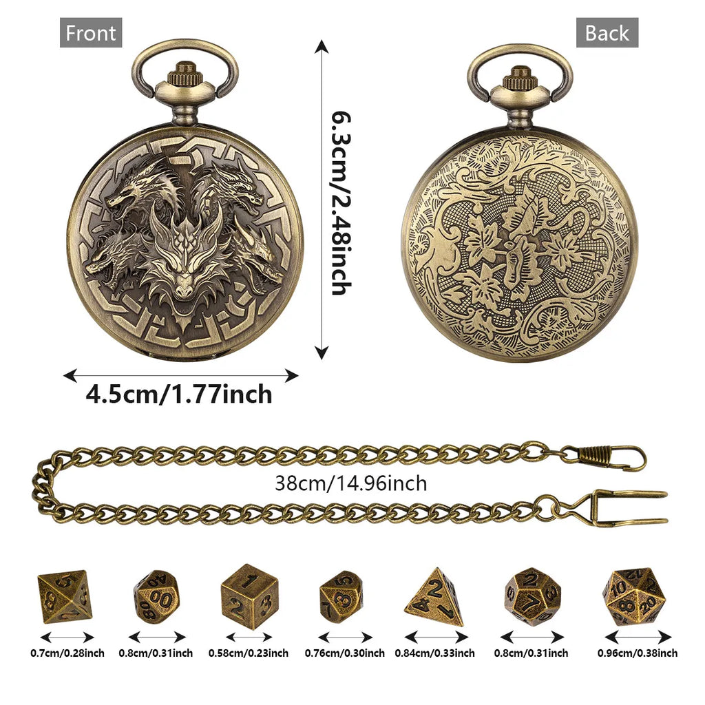 Retro pocket watch shaped zinc alloy dice set with seven polyhedral dice in bronze finish