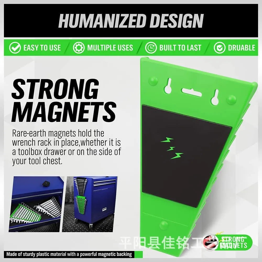 Magnetic wrench holder set of two ABS racks in black and green colour combination on a metal surface with wrenches stored