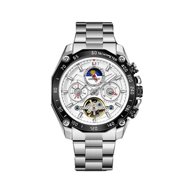 Men's automatic mechanical watch with multifunction display on wrist, showing natural silver case option.