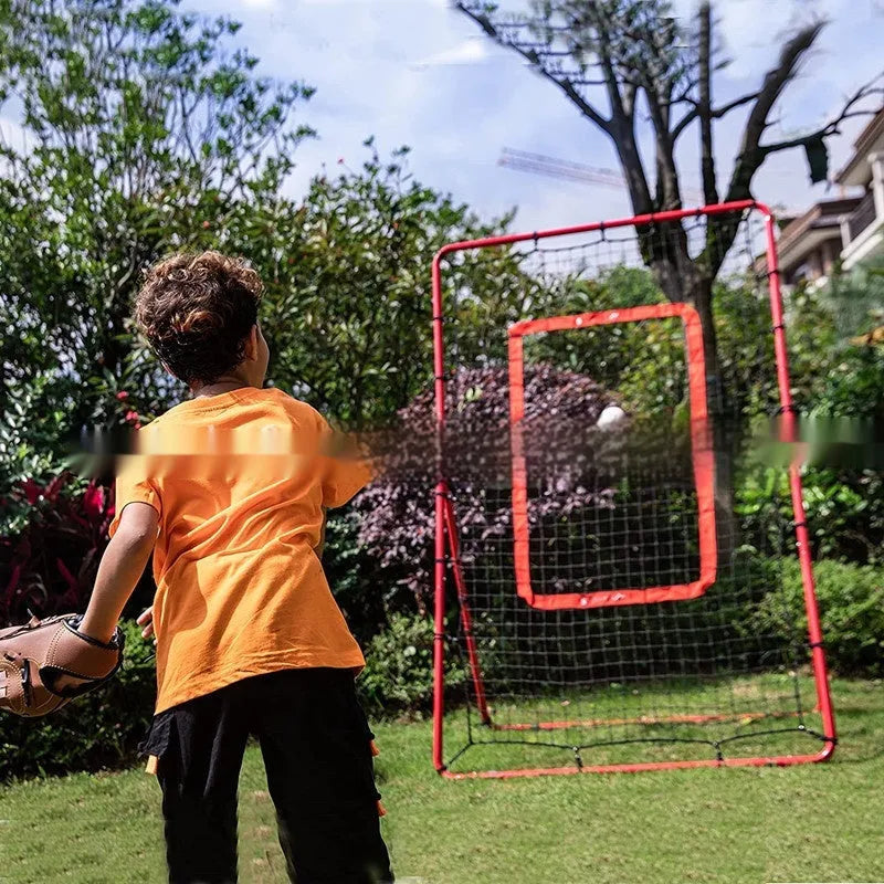 Red portable baseball training net with metal frame showing 4x6ft dimensions for outdoor sports practice