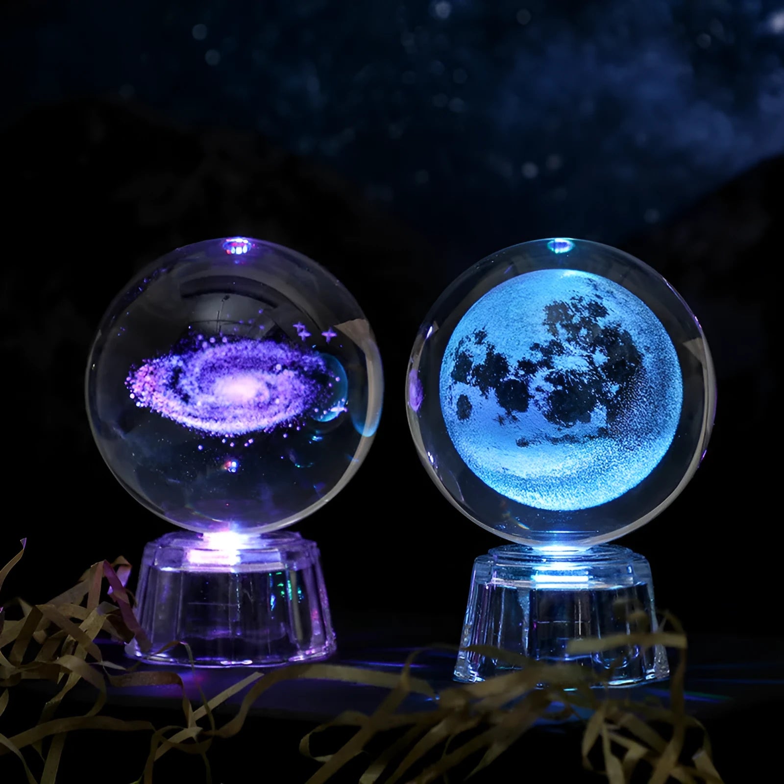 Transparent white crystal ball ornament with inner carving on a fixed base.