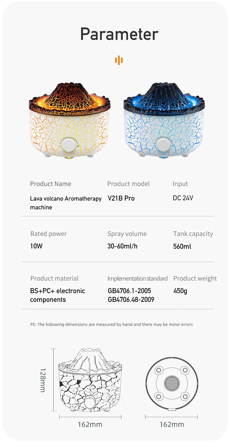 Column-shaped volcano humidifier diffuser emitting coloured mist and LED light flame effect.