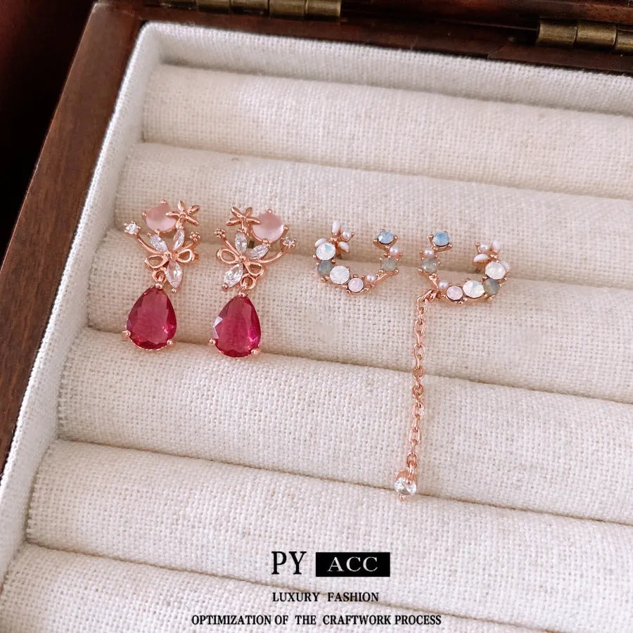 French style silver needle zircon flower drop earrings in rose gold pink on copper base