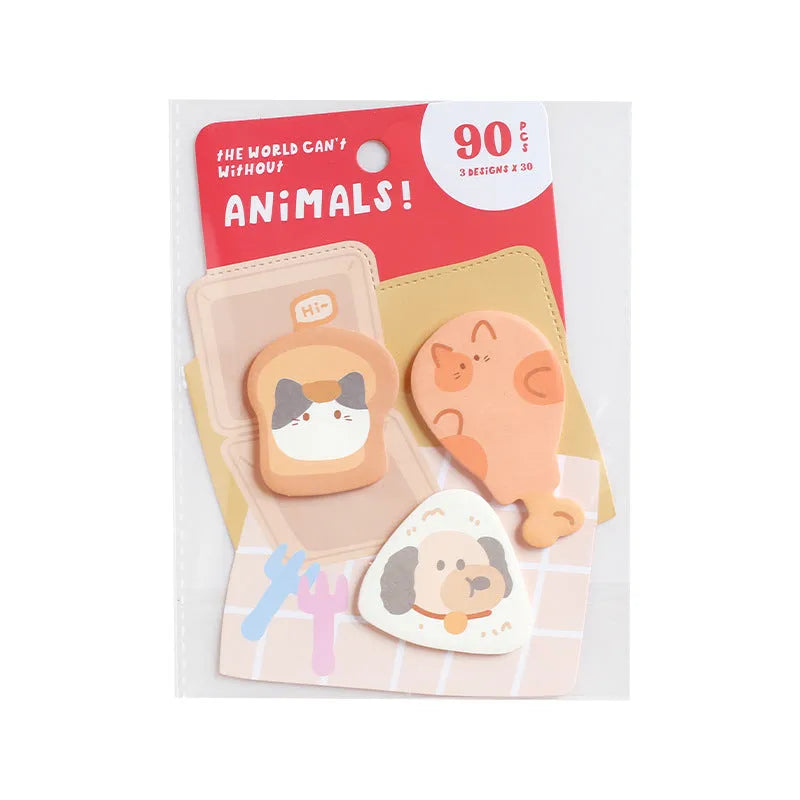 Small animal shaped sticky note set with 90 pages showing six cover designs including a kitten, puppy, and sea otter.