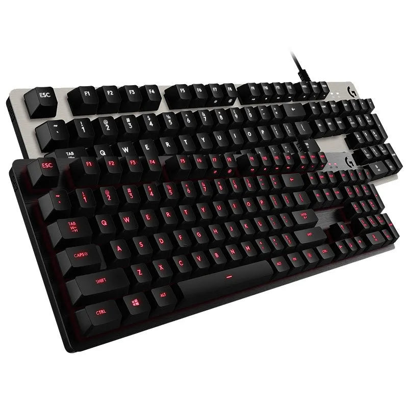 G413 104-key mechanical gaming keyboard with metal panel and USB wired connection, shown in silver white light or black red light