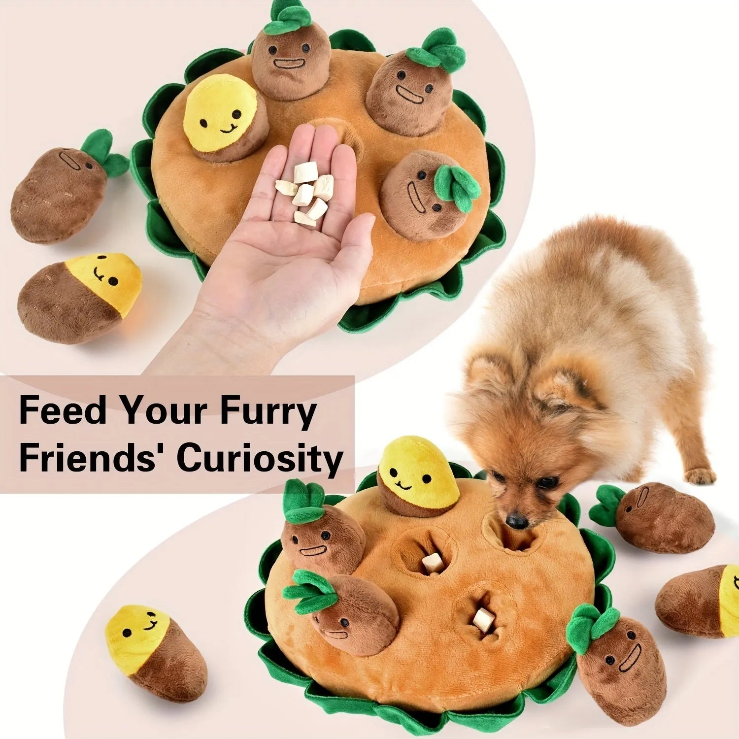 Yellow interactive dog puzzle toy with removable squeaky plush toys on polyester foraging pad
