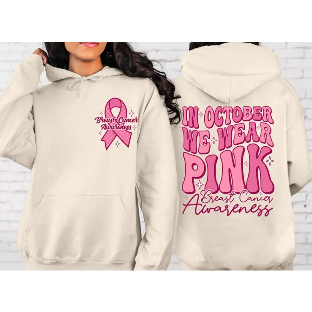 Breast Cancer Awareness hoodie sweatshirt with hot stamping pattern and side pockets in pink colour