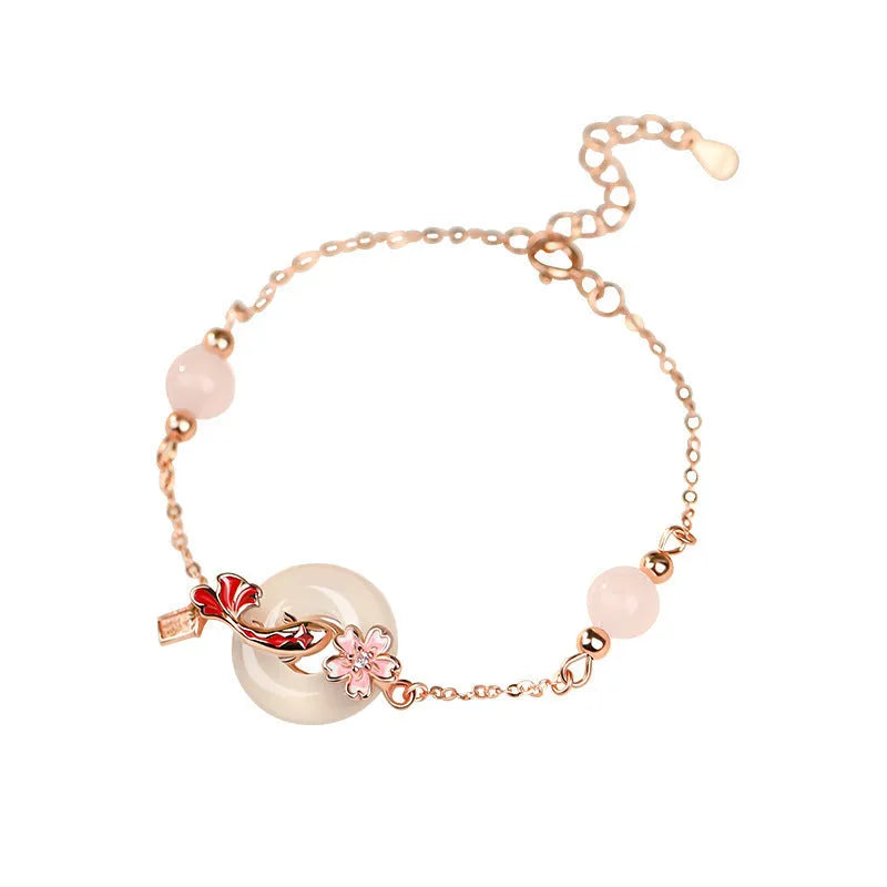 S925 sterling silver women's bracelet with white chalcedony crystal and Koi-themed new Chinese floral design.