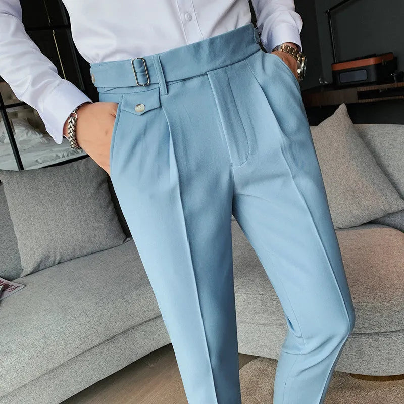 Men's straight-leg casual trousers in polyester available in multiple colours.
