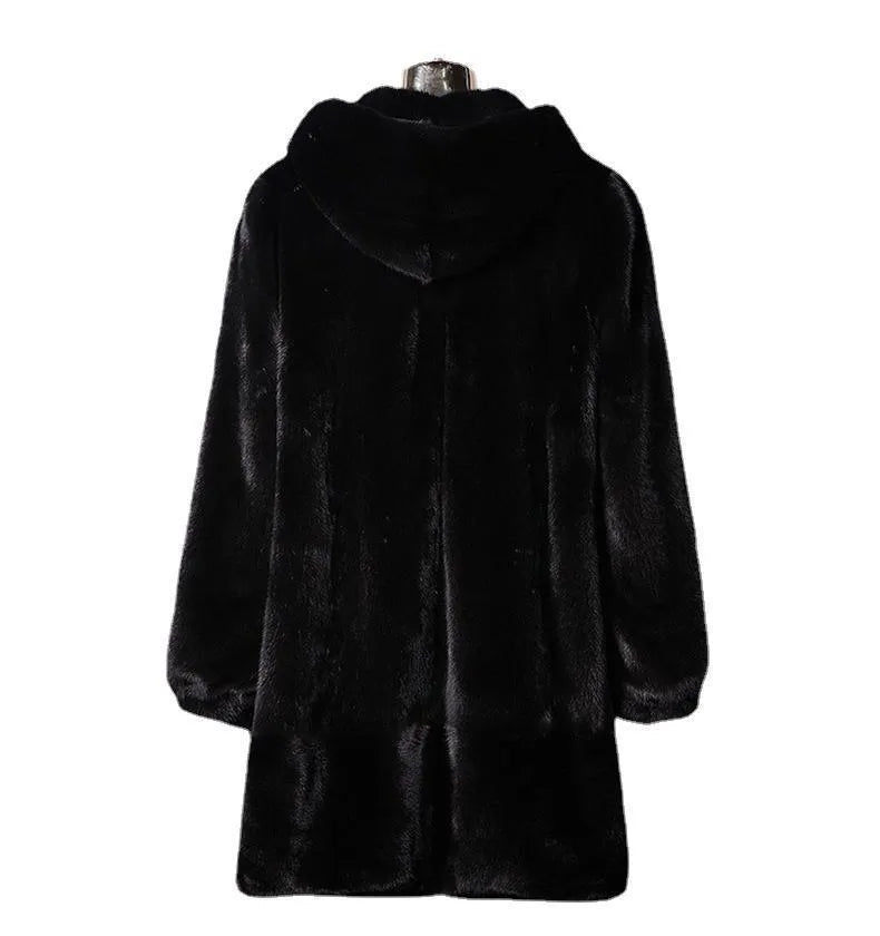 Women's black faux fur hooded coat with regular sleeves on a hanger