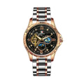 Automatic mechanical men's watch with large black dial and rose gold shell.
