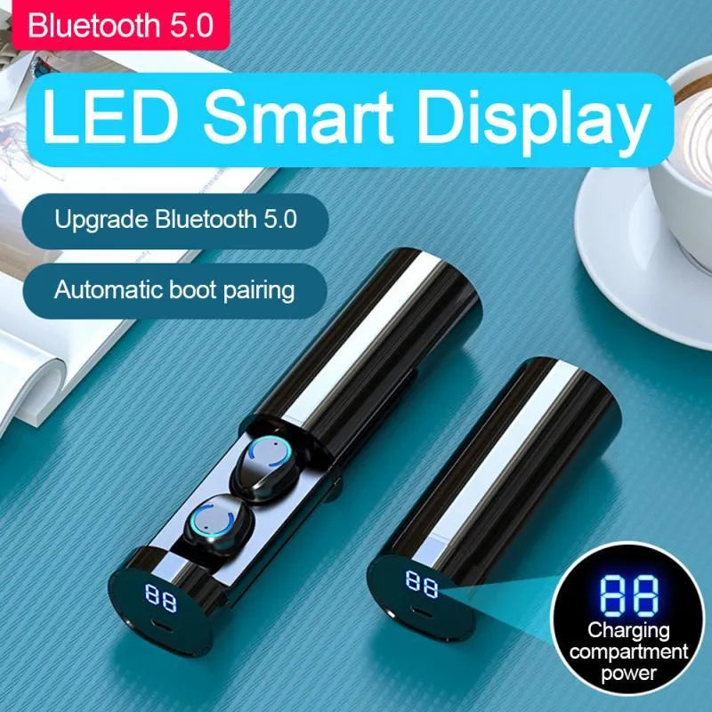 Binaural mini cylindrical Bluetooth headphones in black with charging compartment