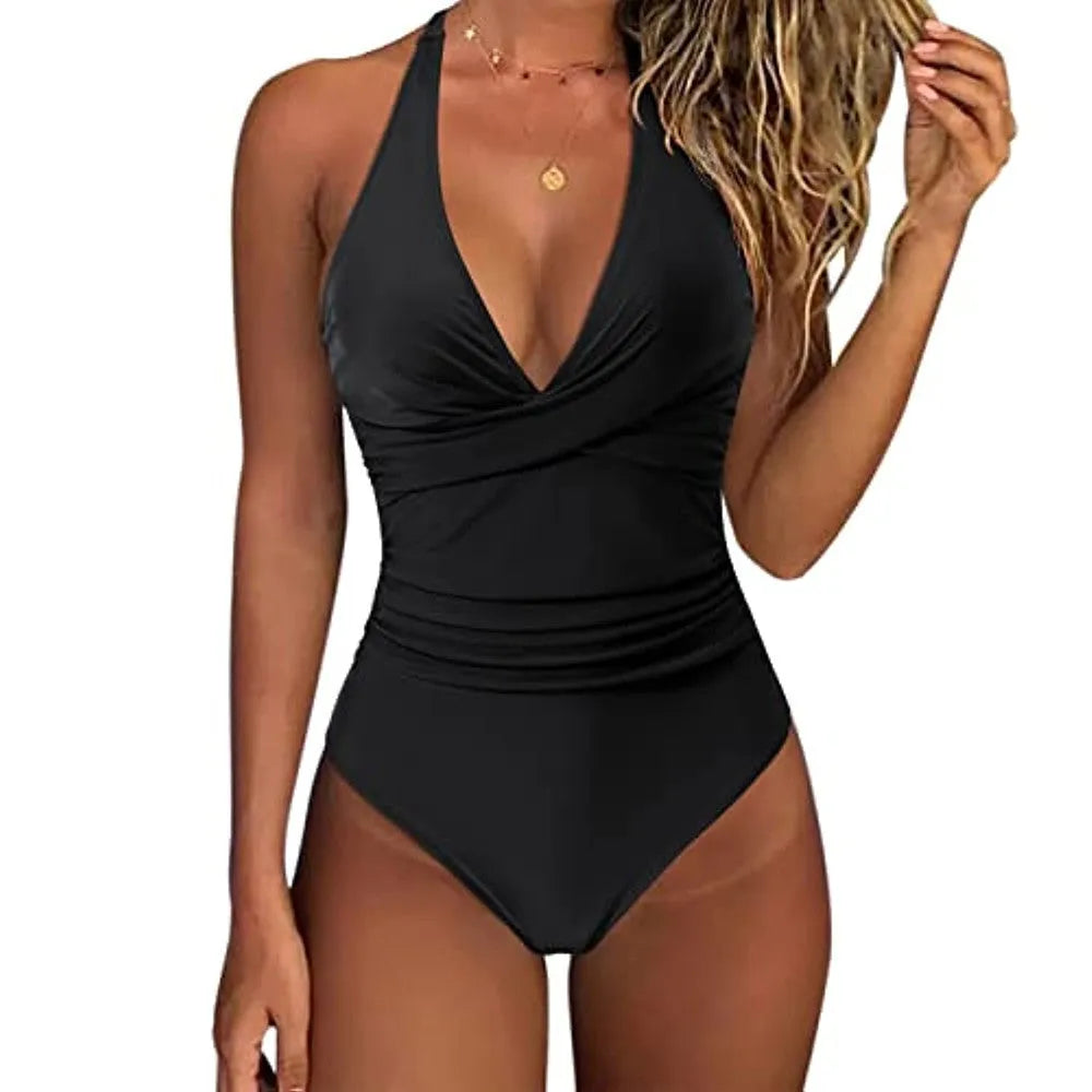 Women's solid colour one-piece swimsuit in bikini style on a mannequin.