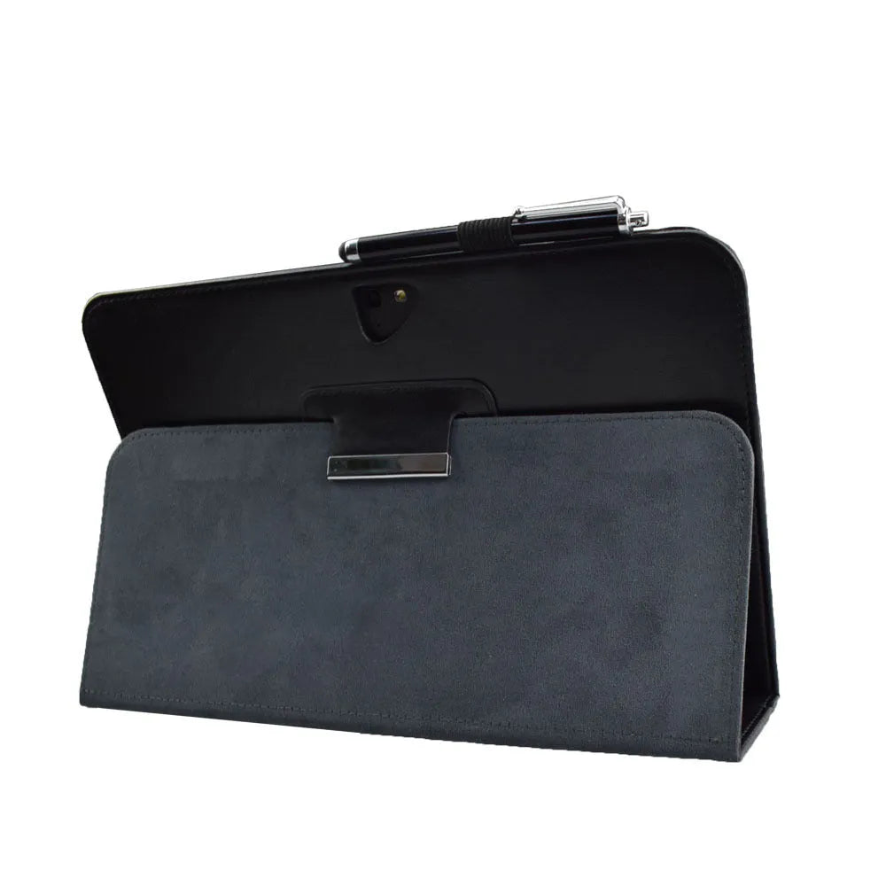 Black imitation leather tablet protective case with back clip for Google Pixel 10 on plain background