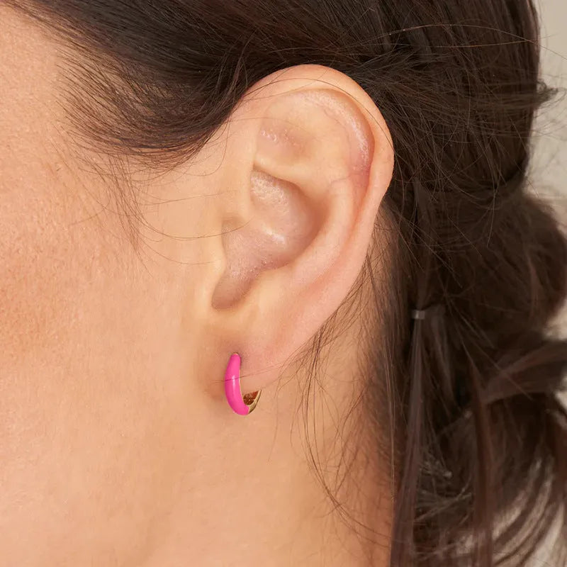 A pair of oval curved epoxy earrings in various colours with geometric ring details on a silver needle copper frame.