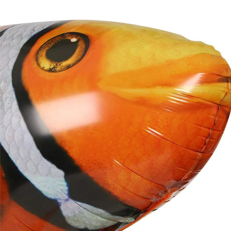 Large remote control shark inflatable balloon flying indoors with remote controller.