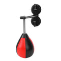 Pear-shaped inflatable boxing training ball with red and black head mounted via suction cups