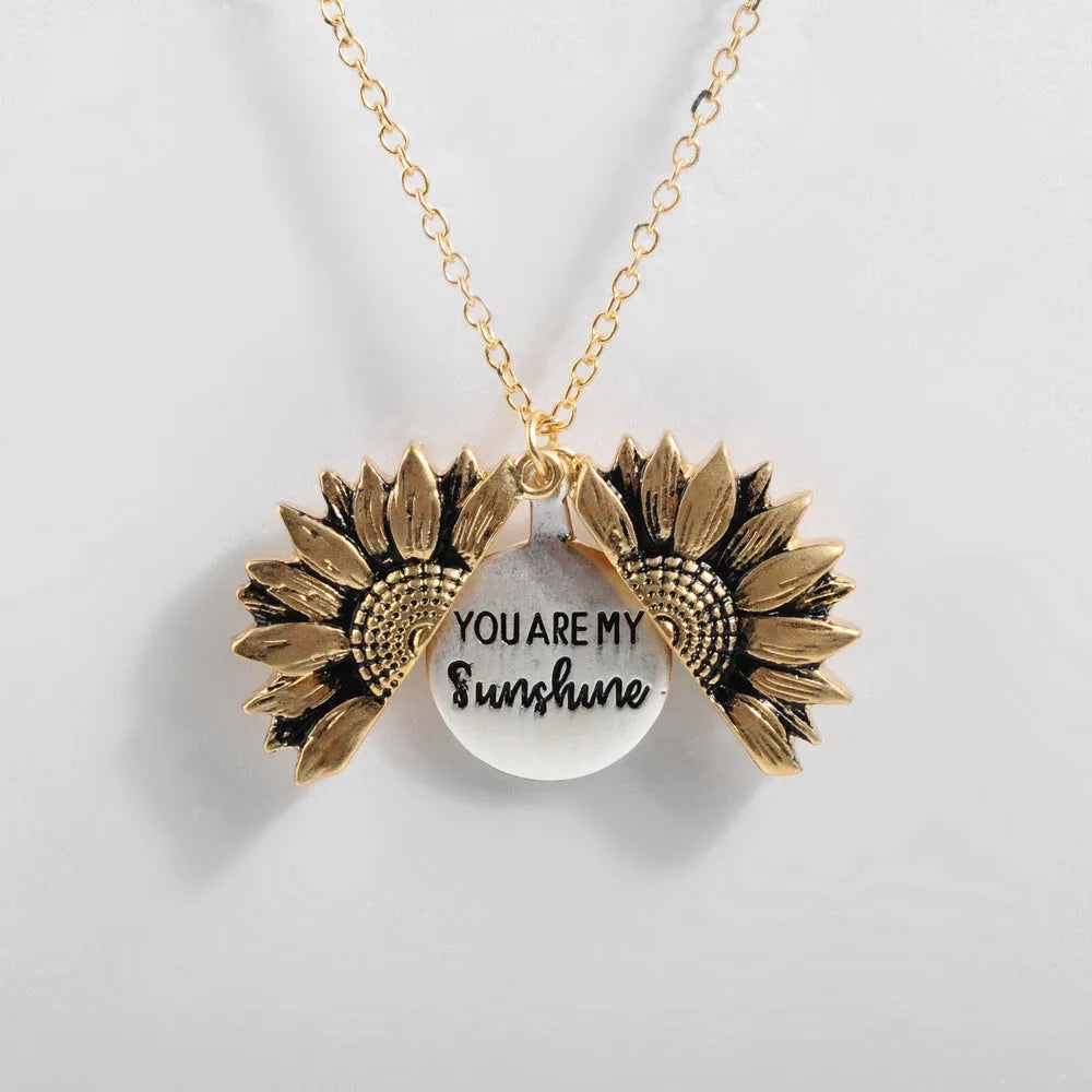 Sunflower double-layer alloy necklace with openable flower centre and lettering plate