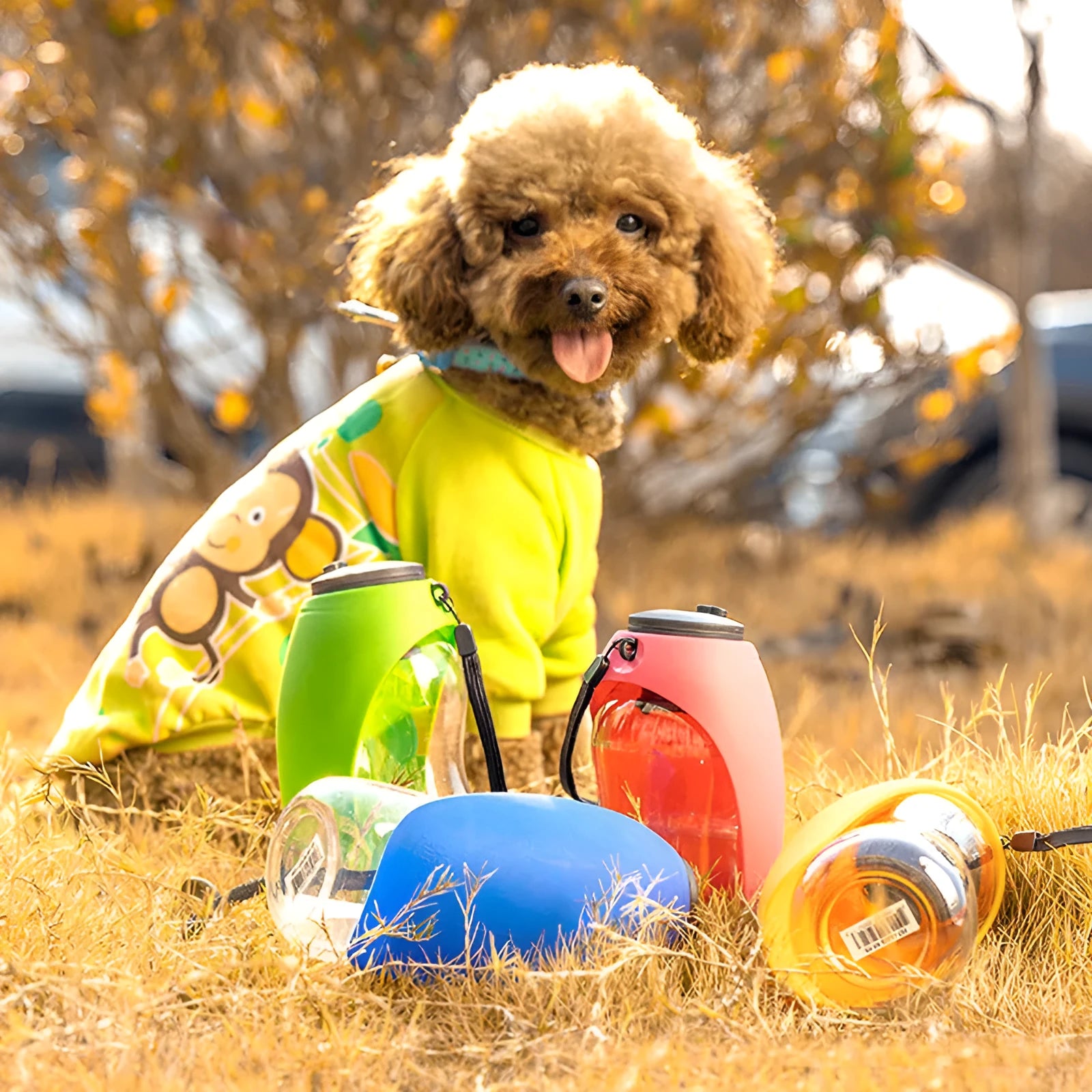 Sky blue portable dog water bottle with drinking bowl and hanging strap.