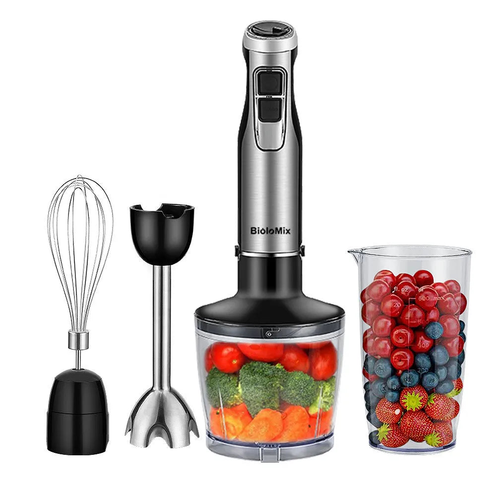 Silver and black Biolomix hand blender set with motor, stainless steel shaft, whisk, chopper bowl, and blending beaker on a kitchen counter.