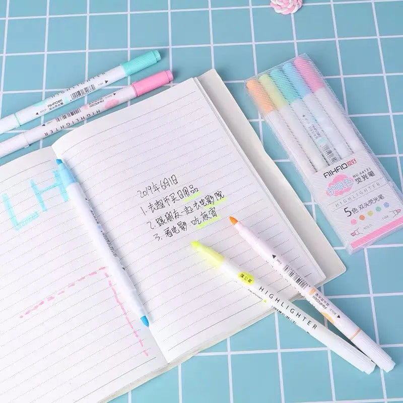 Double head gel pens with highlighting and writing tips in five colours