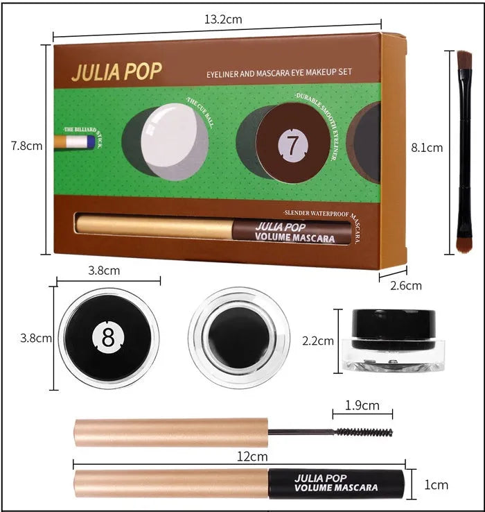 Eyeliner makeup set with mascara, eyeliner, and brush in black or brown, smudge-free and waterproof.