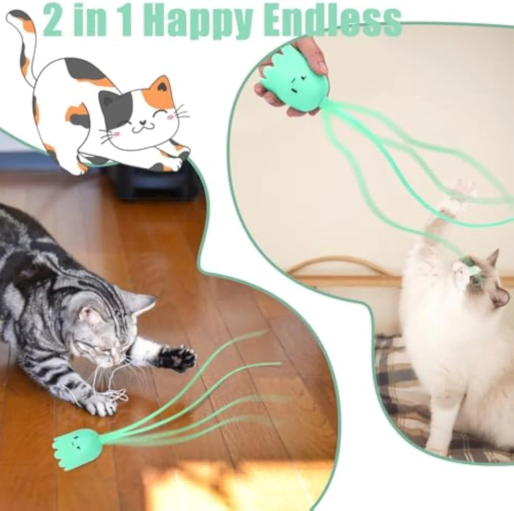 Electronic cat wand toy with swinging silicone tails, green colour option, 38cm length