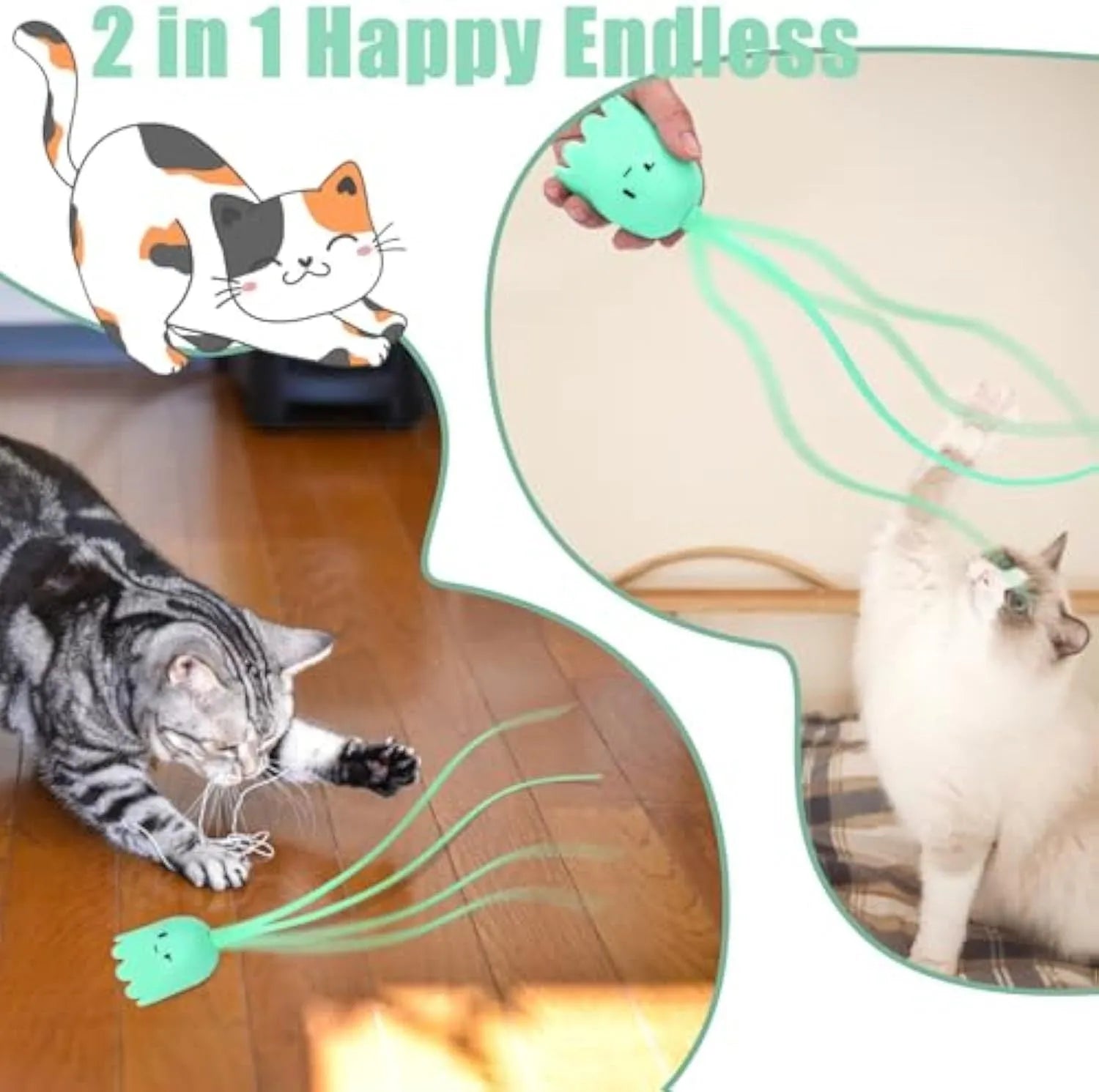 Electronic cat wand toy with swinging silicone tails, green colour option, 38cm length