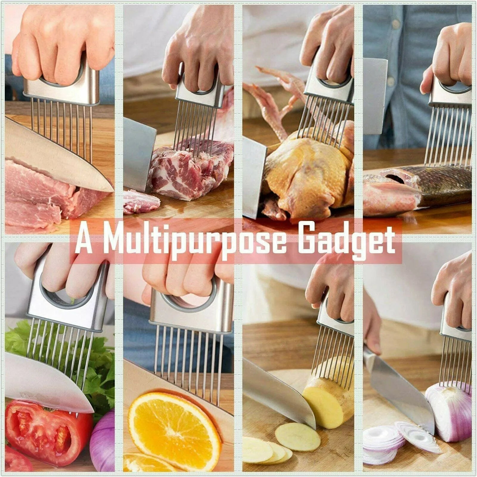 Stainless steel onion holder kitchen tool with prongs for slicing vegetables hands-free