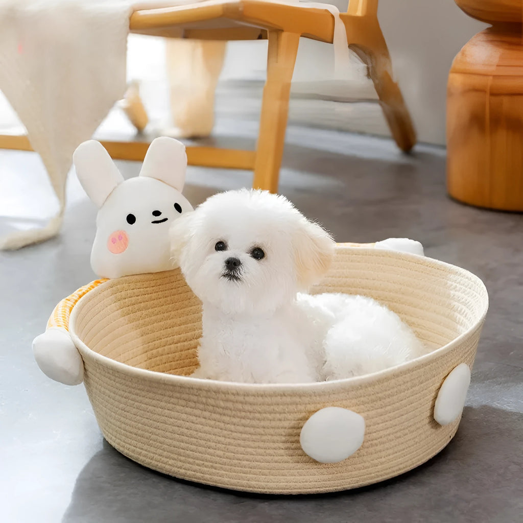 Woven cotton rope cat bed basket with integrated scratching pad in rabbit design