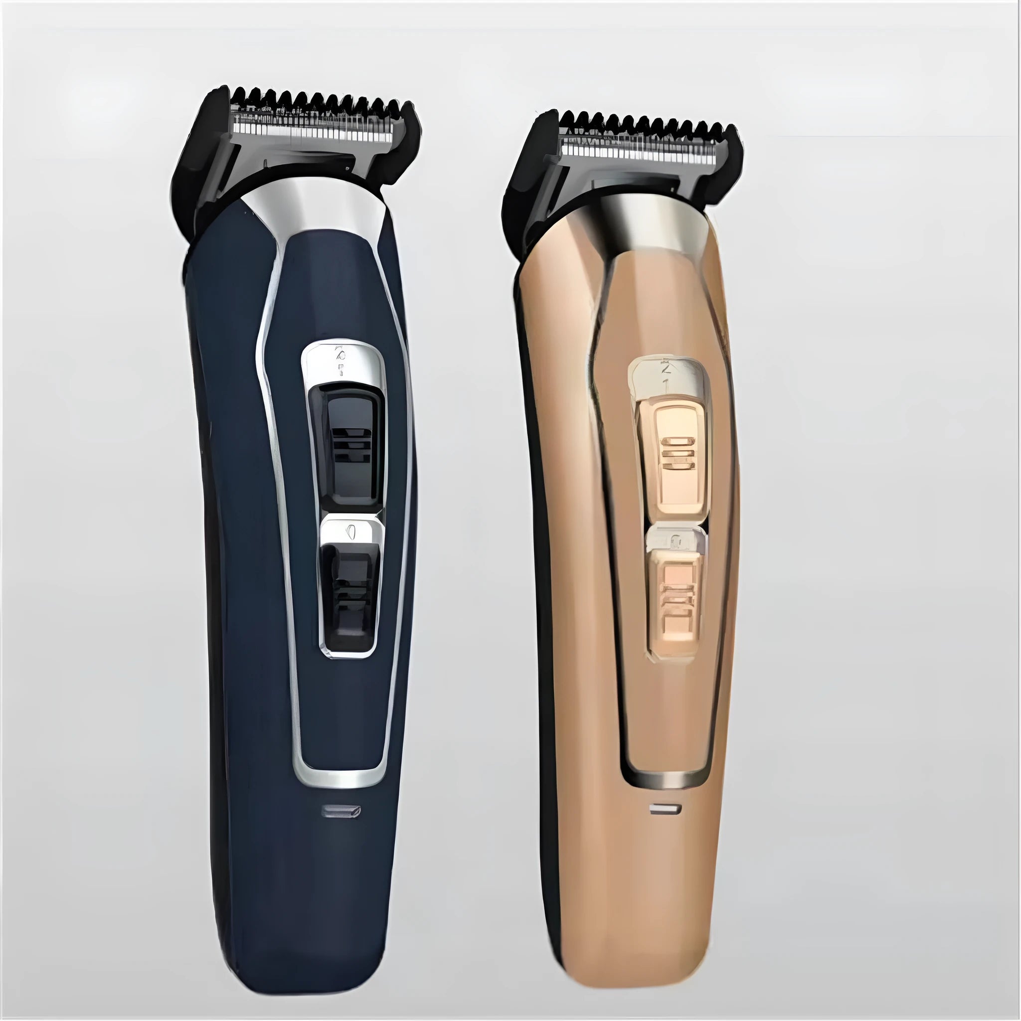 Dark blue rechargeable electric hair clipper with stainless steel blades and three plastic guide combs
