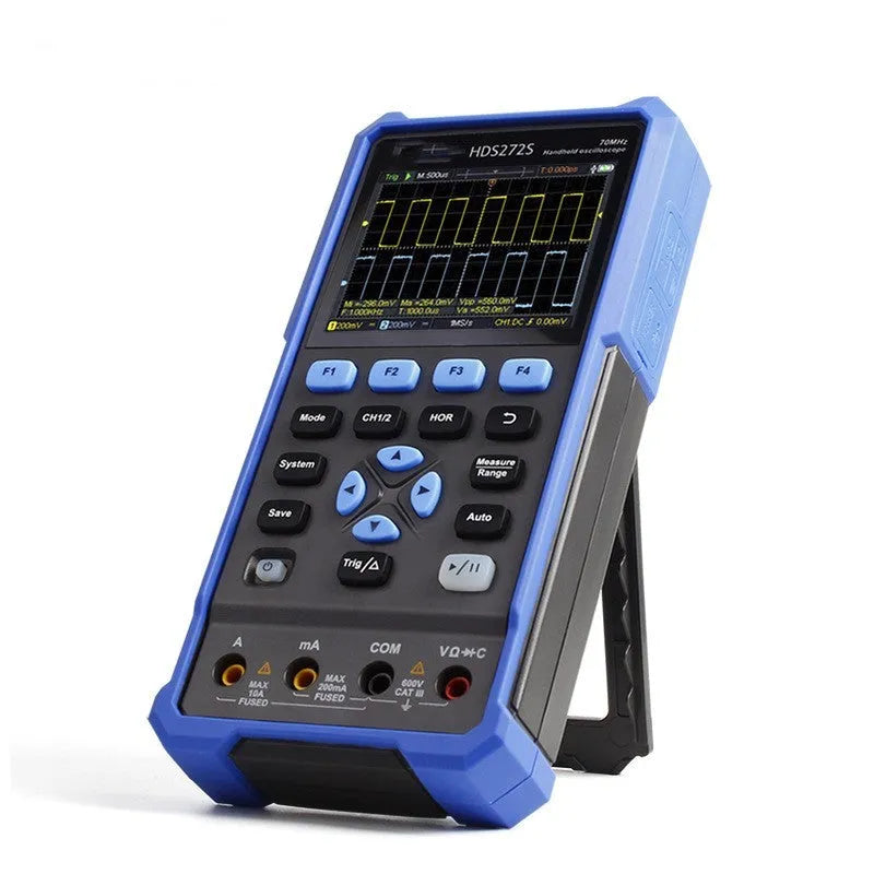 Owon HDS272 handheld digital oscilloscope with probe pen and accessories on workbench