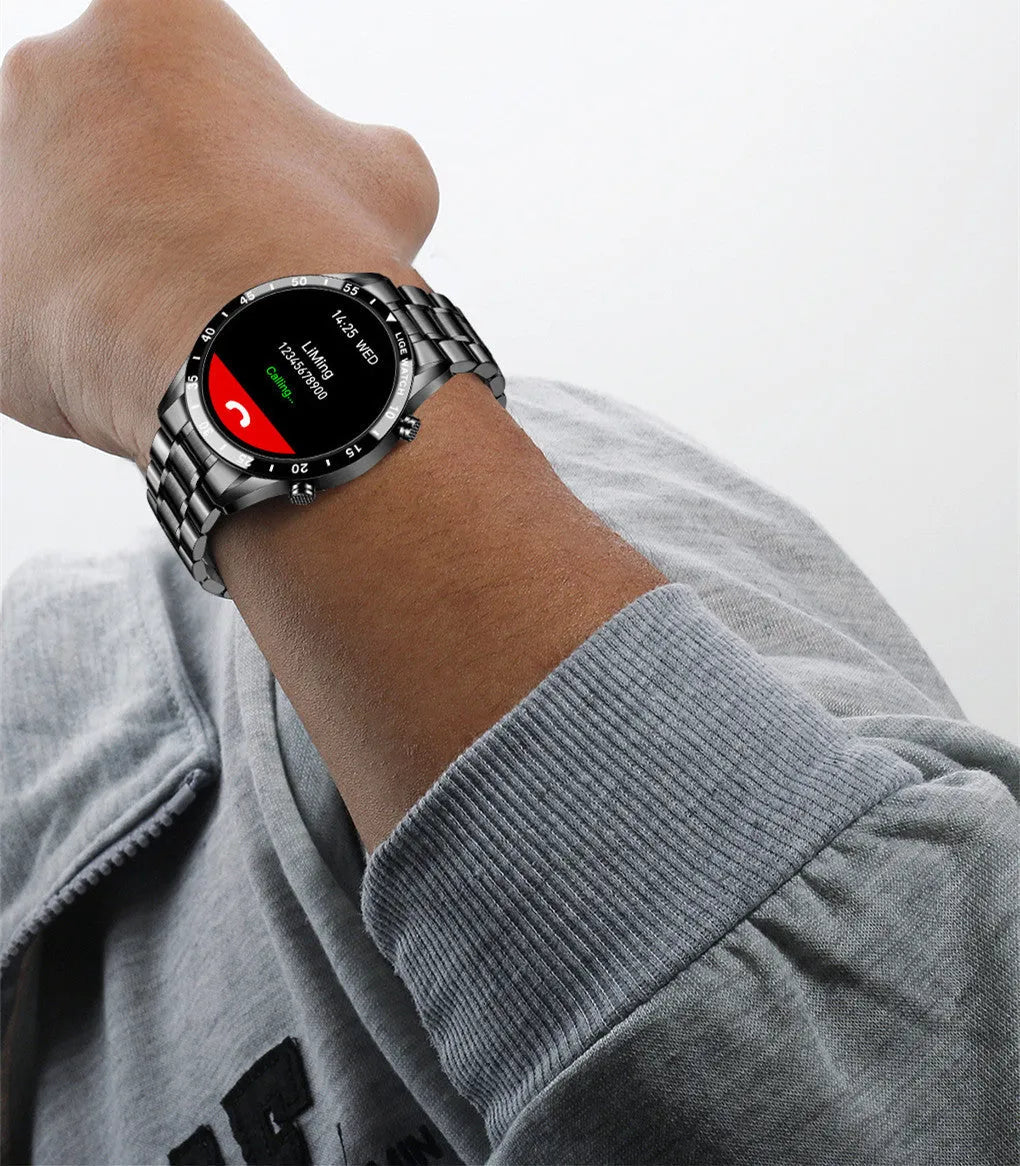 Smart watch with stainless steel wristband and 1.3-inch touchscreen display showing interface