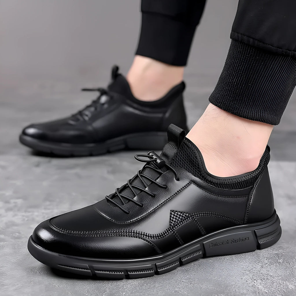 Men's black leather casual shoes with square heels and rubber soles