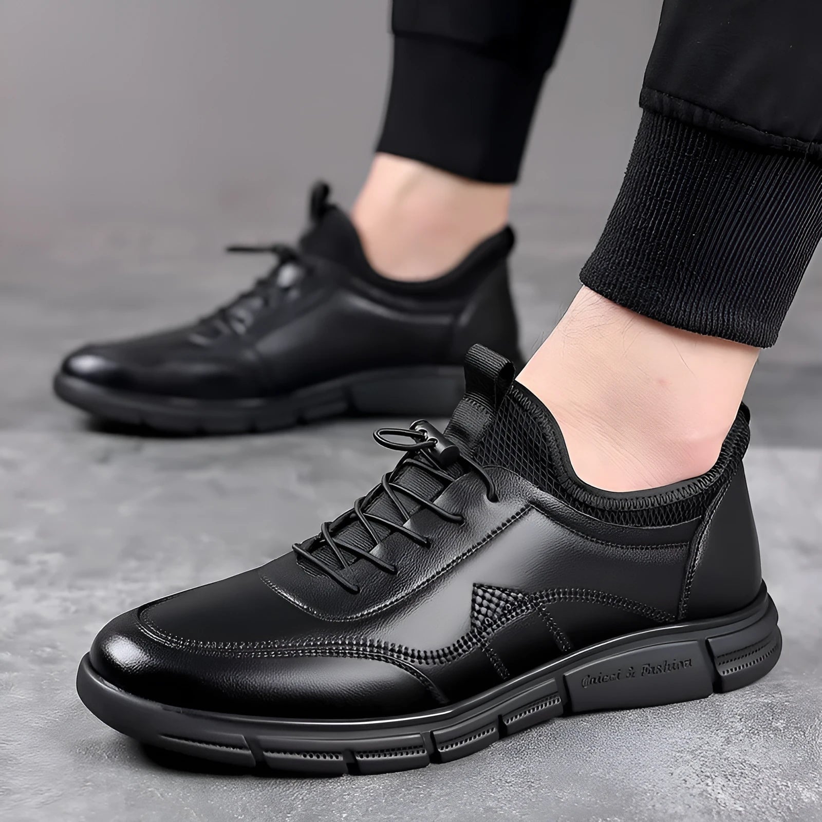 Men's black leather casual shoes with square heels and rubber soles